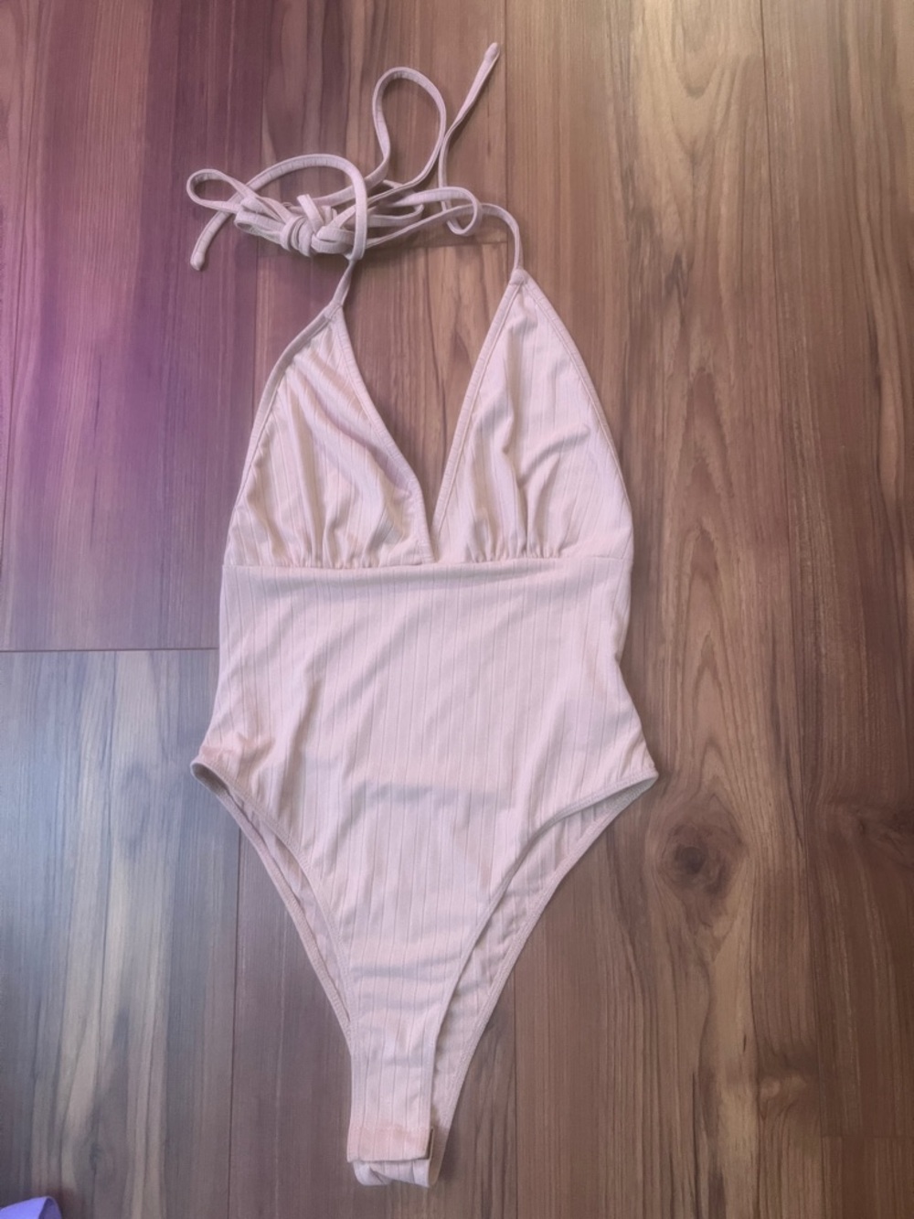 SHEIN Pale Pink Ribbed Halter Bodysuit